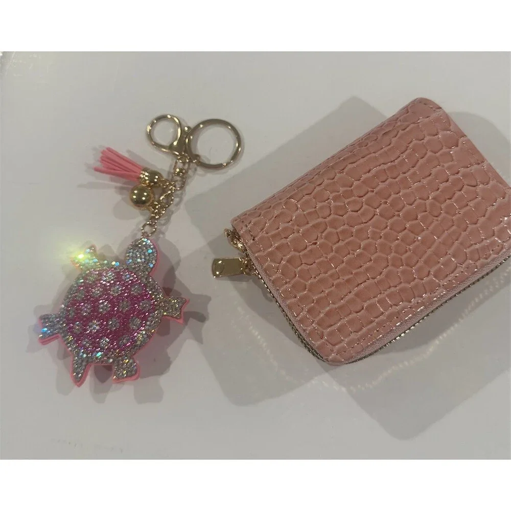 2 pc Pink zip Wallet sparkly bling Turtle Keychain purse Charm Set  cute gift